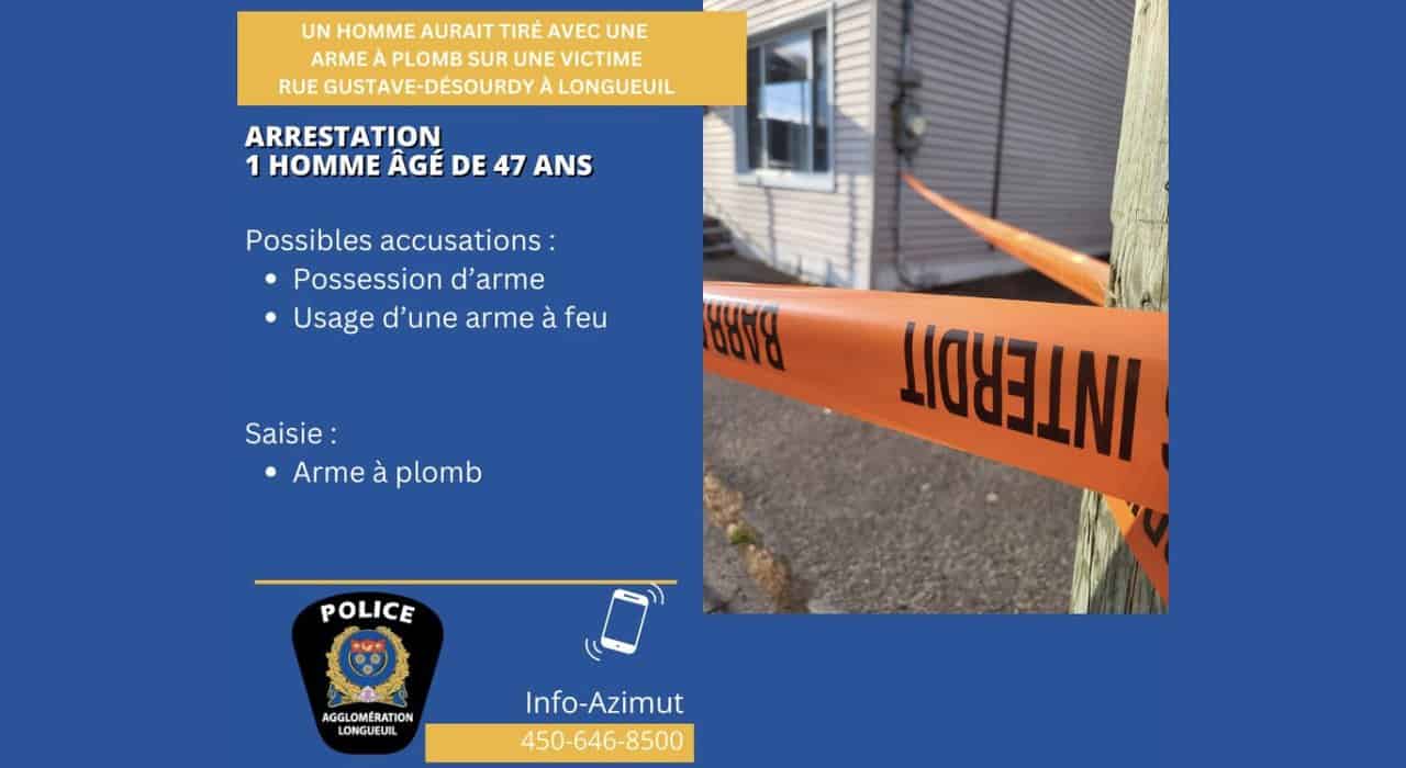 Arrestation d’un homme pour avoir tiré avec une arme à plomb sur une victime à Saint-Hubert
