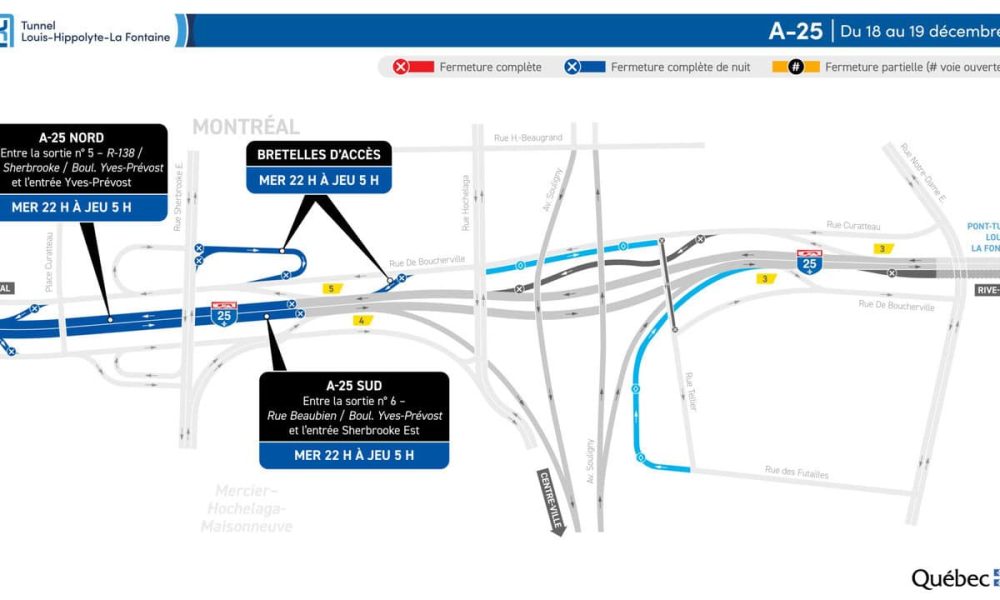 Fermetures sur l’A25 durant la nuit du 18 au 19 décembre