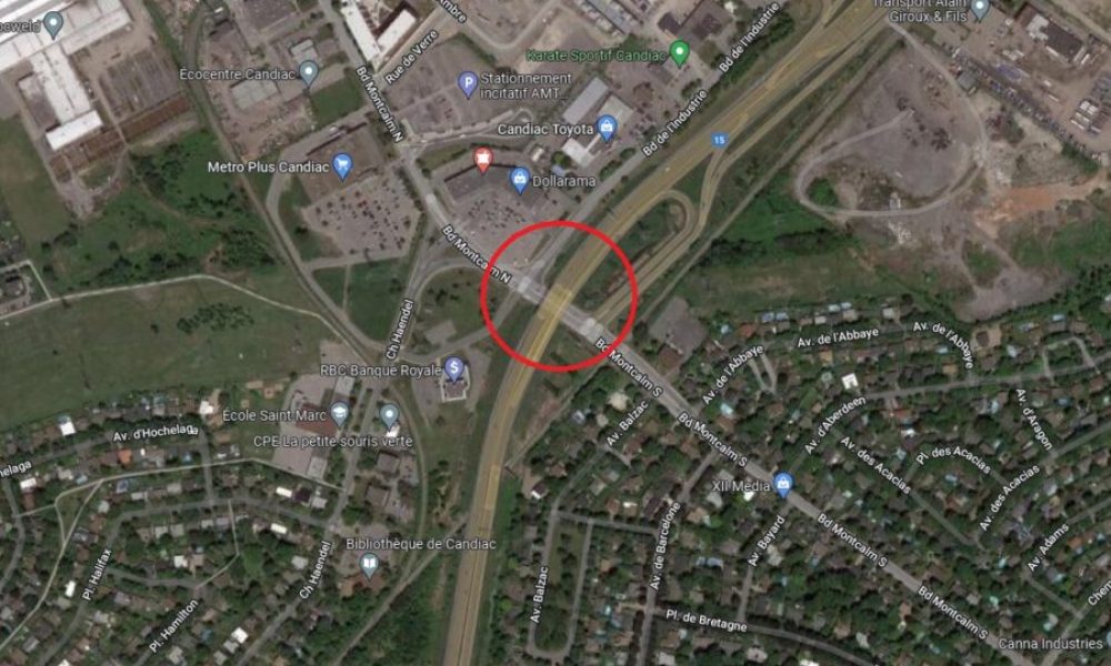 Une déviation des voies de l’autoroute à la hauteur du boulevard Montcalm est prévue de la mi-avril jusqu’à la mi-juillet. Photo : Saisie d’écran Google Maps