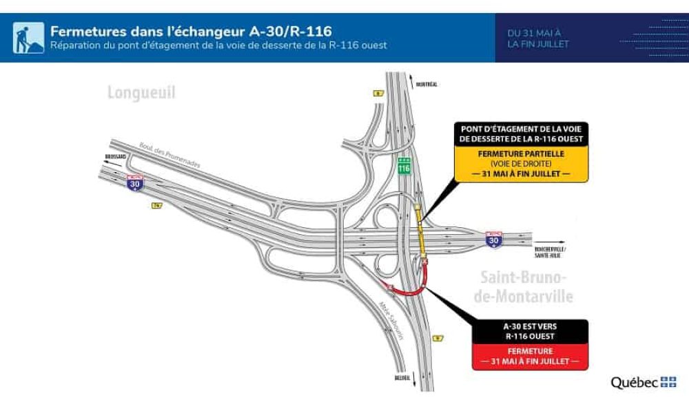 Entraves lors de la deuxième phase des travaux sur la partie droite de la structure : du 31 mai à la fin du mois de juillet (Groupe CNW/Ministère des Transports et de la Mobilité durable)