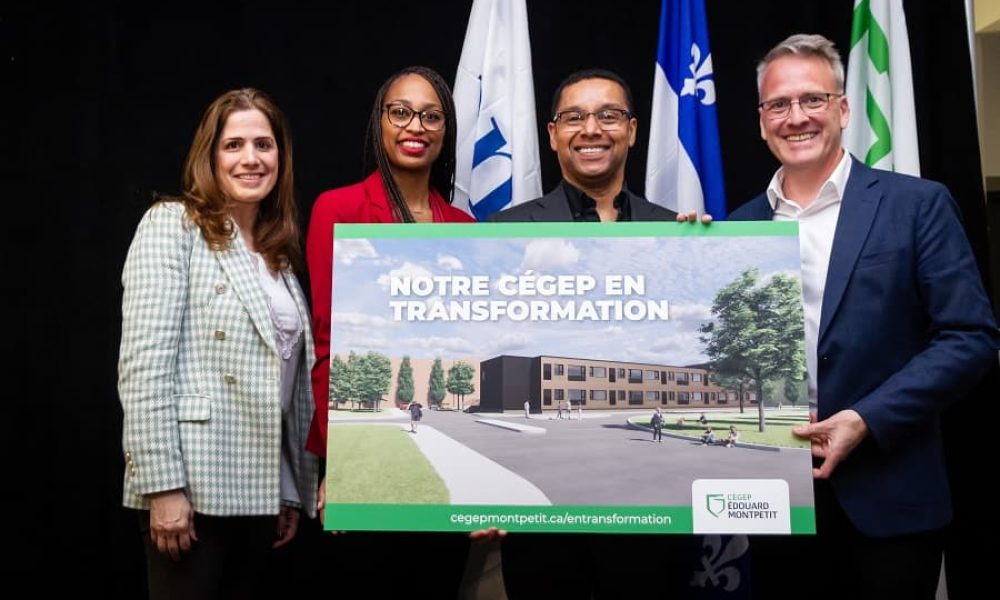 La ministre de l'Enseignement supérieur, madame Pascale Déry a lancé le chantier du nouveau bâtiment modulaire du cégep Édouard-Montpetit en compagnie de la députée de Marie-Victorin, madame Shirley Dorismond, du député de Taillon et ministre responsable des Services sociaux, monsieur Lionel Carmant, et du directeur général du cégep Édouard-Montpetit, monsieur Sylvain Lambert. Photo: CEM