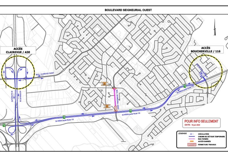 Schéma de la zone des travaux et des chemins de détour proposés par la Ville. Photo : Courtoisie