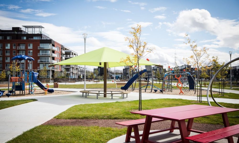 Table de pique- nique dans un espace vert.