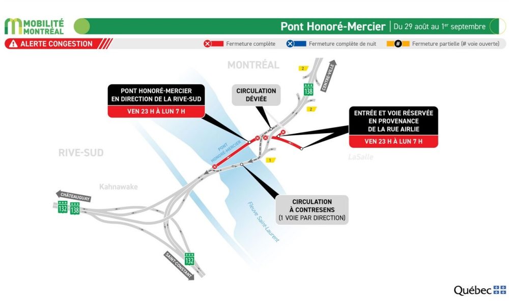 Des entraves majeures sont prévues sur le pont Honoré-Mercier, le tunnel Louis-Hyppolite-La Fontaine et le REM pour la longue fin de semaine de la Fête du Travail.