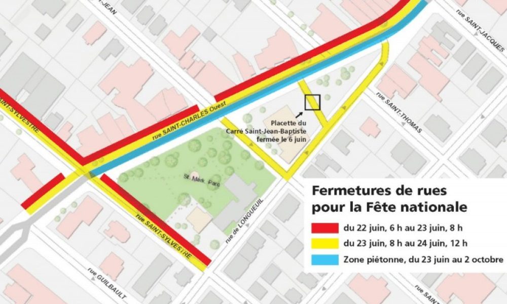 Ces fermetures servent à faire place au spectacle de la Fête nationale le 23 juin et au projet-pilote de piétonnisation de la rue Saint-Charles. Image: Ville de Longueuil