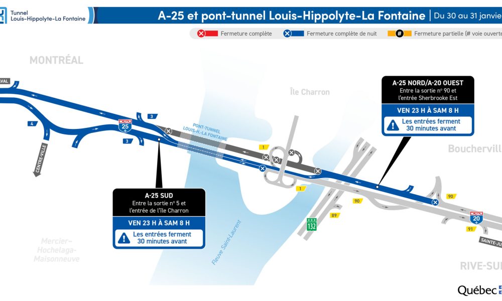 Fermeture du tunnel durant la nuit du 30 au 31 janvier (Groupe CNW/Ministère des Transports et de la Mobilité durable)