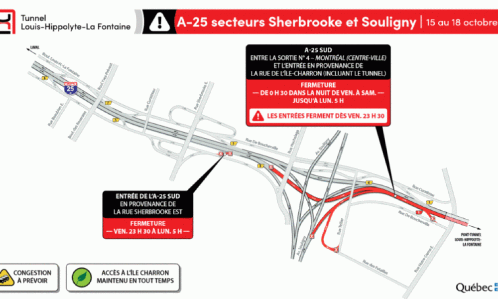 Le tunnel L.-H.-La Fontaine fermé en direction de la Rive-sud cette fin de semaine