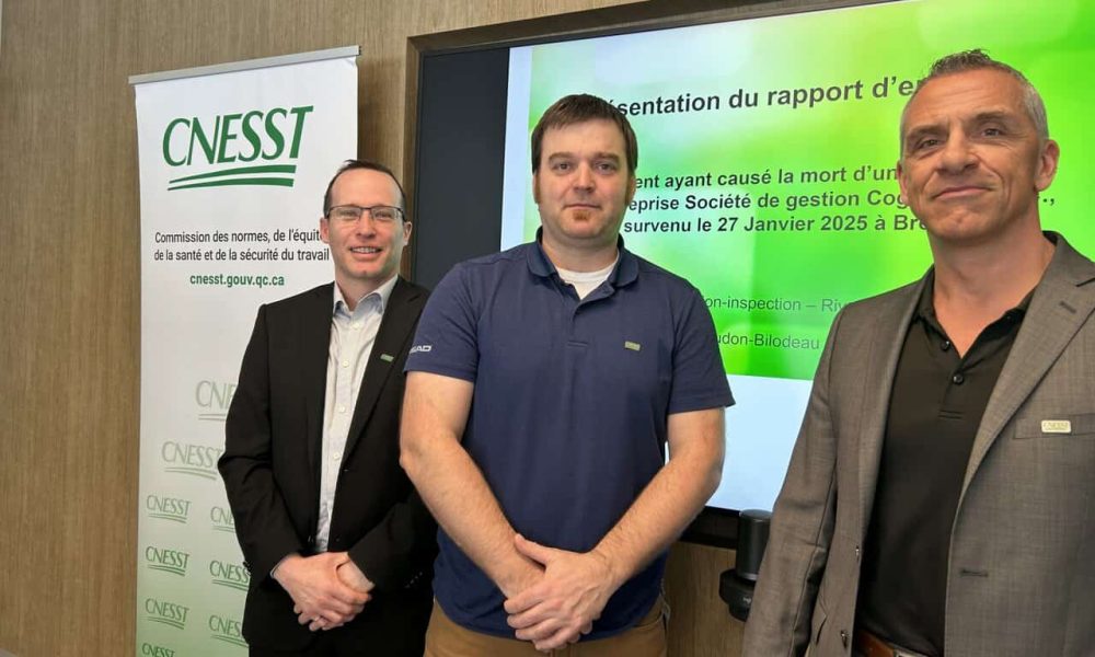 Photo : Le directeur prévention et inspection de la CNESST, Jean-François Beaudry, les inspecteurs Nicolas Hudon-Bilodeau et Paul Bélanger. FM 103,3 - Valérie Gagnon