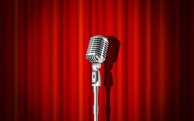 Vintage metal microphone against red curtain backdrop. mic on empty theatre stage, vector art image illustration. stand up comedian night show or karaoke party background. retro design