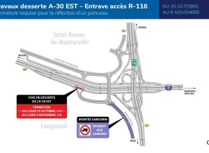 Travaux sur l'A-30 : fermeture dans l'échangeur avec la route 116 à Saint-Bruno