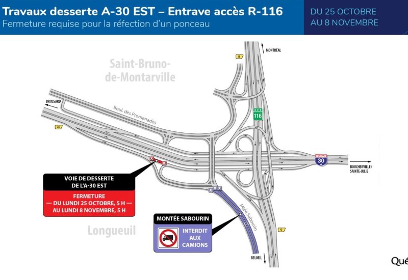 Travaux sur l'A-30 : fermeture dans l'échangeur avec la route 116 à Saint-Bruno